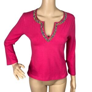 Vtg Y2K XOXO Lizzy Mcguire Pink Beaded V-neck Knit Top SZ M